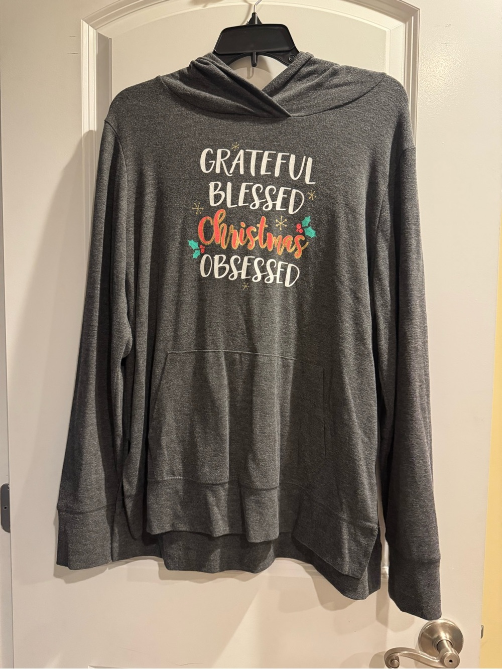 Holiday Time Gray Hooded Sweatshirt “Grateful Blessed Christmas Obsessed”